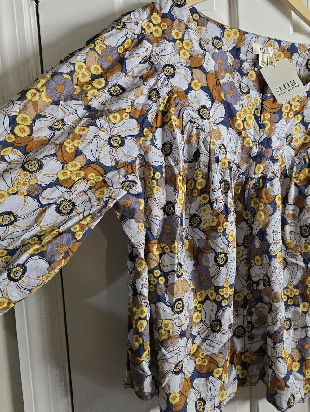 A.N.A Cotton Rayon Boho Dina Floral Flower Garden Blue Orange Swing Top Size 1X